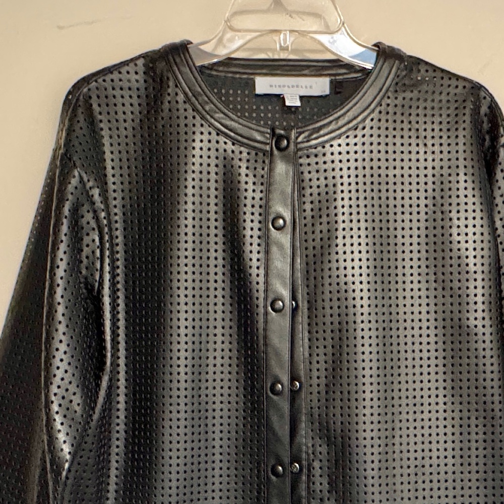 Perforated Faux Leather Cropped, Collarless Jacket